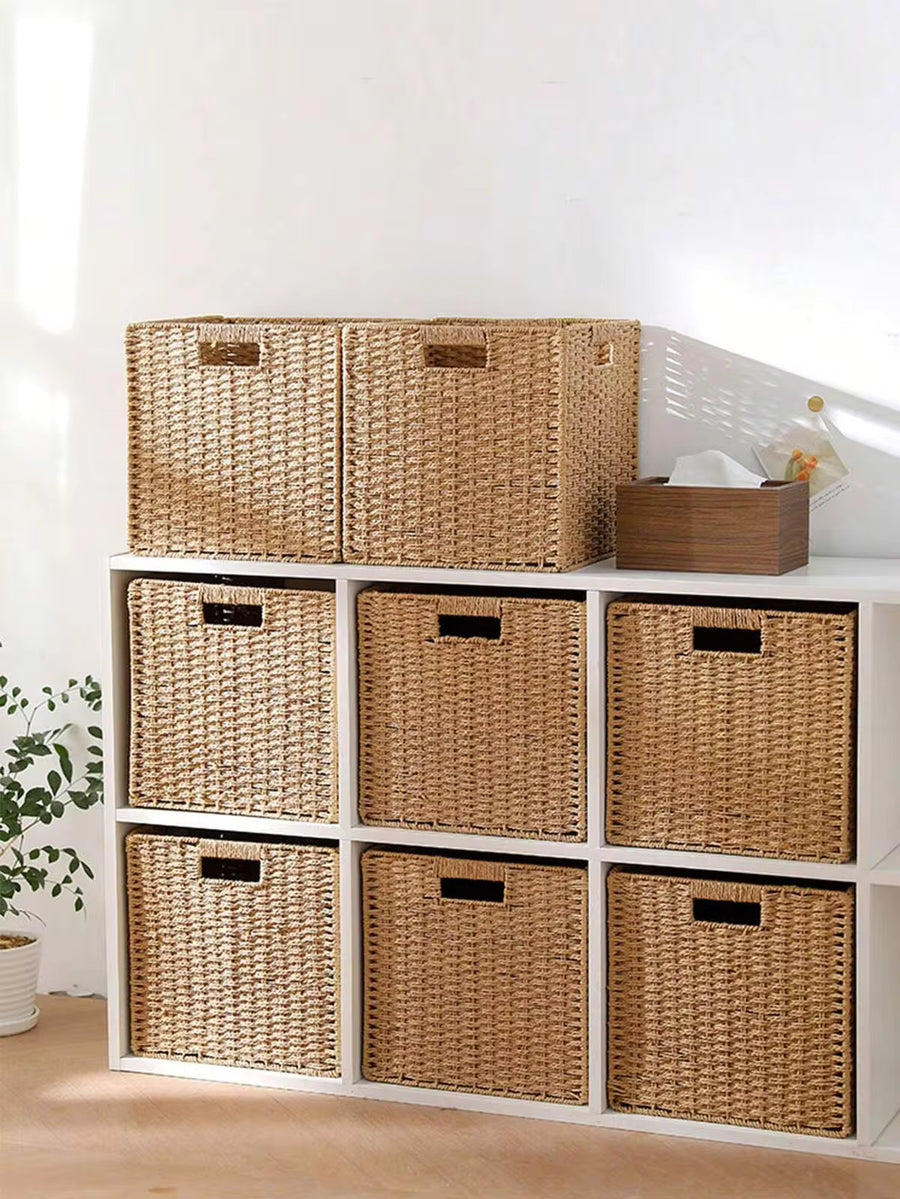 Handwoven Khaki Foldable Storage Boxes – Closet Organizers For Clothes & Toys, Cube Shelf Bins, Living Room Storage Containers, Bedroom Dresser Tubs, Entryway Catchalls | Multipurpose Household Clutter Organizers