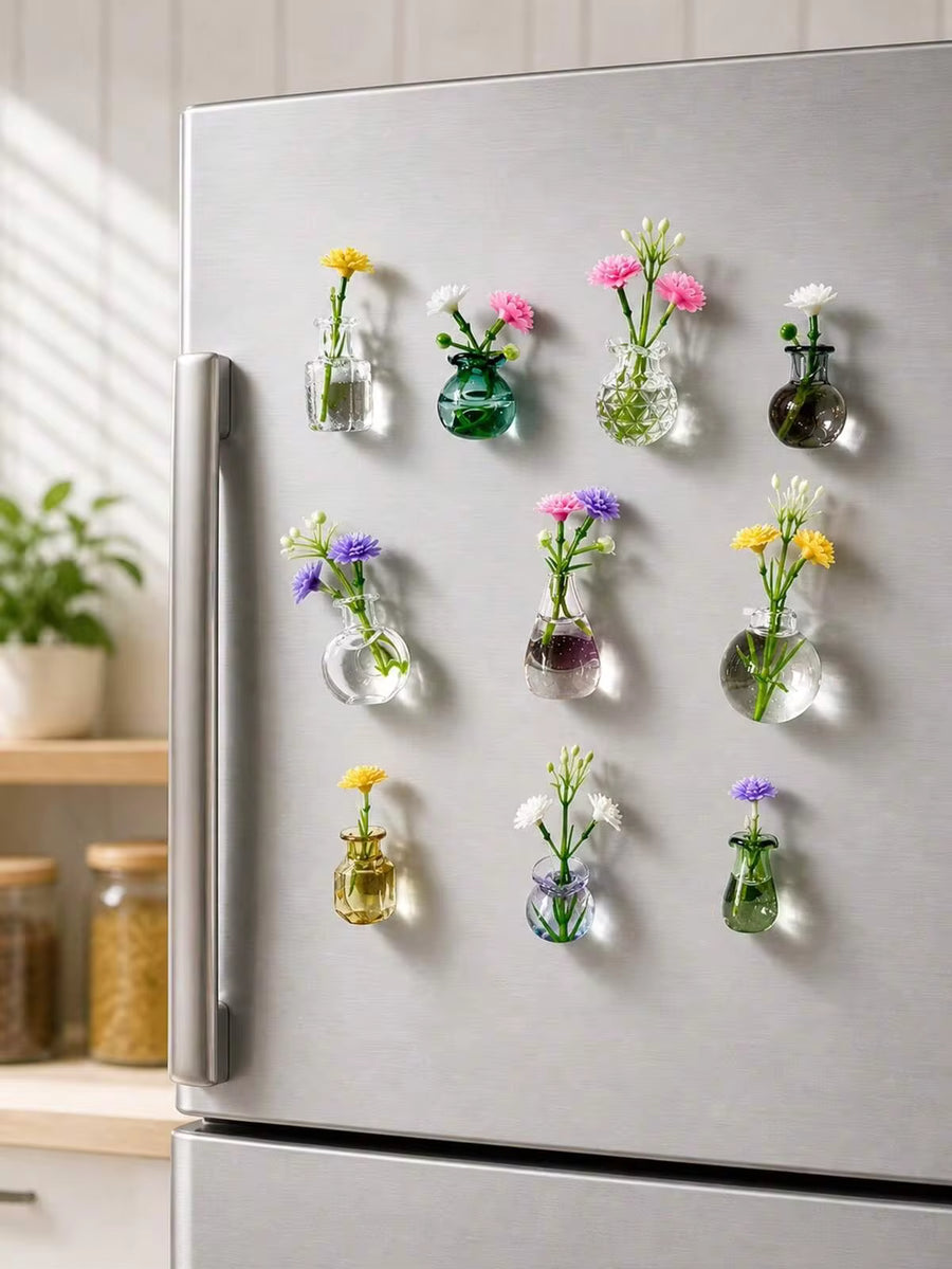 6/3/1pc Magnetic Mini Glass Vase Fridge Magnets, Cute Vase With Artificial Flowers, Decorative Fridge Magnets, Strong Adsorption, Small Bud Vase Set Suitable For Kitchen, Office, Gifts, Aesthetic