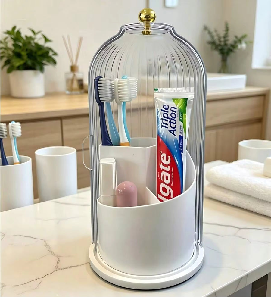 Makeup Brush Holder Organizer With Lid,360 Rotating Make Up Brush Holder With Cover,Dustproof Makup Brush Storage For Vanity Bathroom Countertop,Covered Toothbrush Holder,Dressing Table Essentials,Cosmetic Countertop Caddies,Shower & Sink Storage