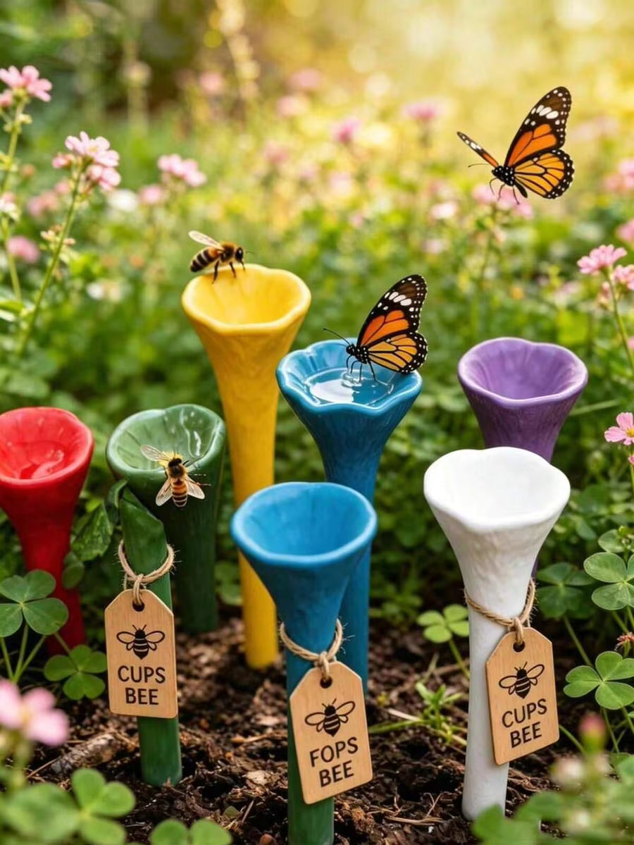 5pcs Colorful Bee Waterer Set, Bee Insect Drinking Cup, Garden Bee Feeder, Bee Insect Breeding And Care Tool, Suitable For Outdoor, Garden, Balcony, Flower Pot, Creative Garden Decoration, Practical Gardening Tool